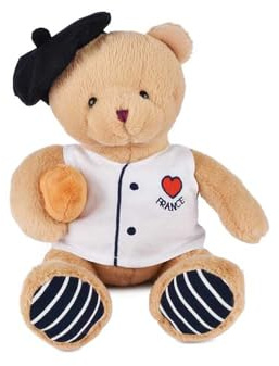 Doudou ET Compagnie - Ours Peluche Boulanger avec Baguette - 25 cm - Collection Souvenir France - Design Brodé Béret Tradition Française - Peluche Conforme CE - Idée Cadeau Enfant Adulte - SP4512