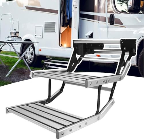 LSHFYV Scala per Camper RV Step, gradini elettrici manuali Pieghevoli, Gradino Inferiore per Ingresso Porta Camper, scaletta elettrica Manuale per Camper, anodizzata, Luce LED 2-Step-Manualwithlight