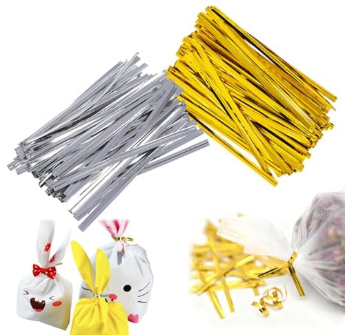 MSLSOZ 1600 Élastiques Métalliques à Tordre 12cm - Fermetures pour Sacs à Aliments, Pâtisseries, Bonbons & Sacs Cadeaux de Fêtes de Noël et Halloween (Or + Argent, 2 Couleurs).