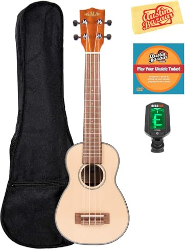 Kala KA-SSLNG Sopran-Ukulele mit langem Hals aus massivem Fichtenholz, inkl. Gigbag, Stimmgerät, Austin Bazaar Lehr-DVD und Poliertuch