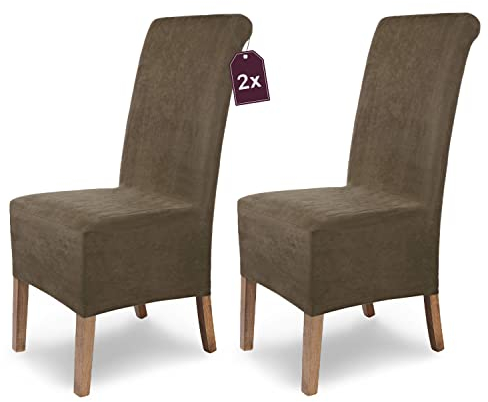 Scheffler Home Stuhlhussen Leon Veltara Taupe-Braun 2er Set – Elastische Stuhlbezüge in Wildlederoptik für Freischwinger und Esszimmerstühle – Öko-Tex Zertifiziert