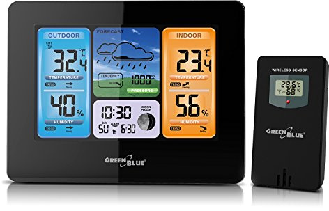 Green Blue GB526 Funk-Wetterstation mit Außensensor | Wettertrend & Mondphasen | DCF Funkuhr | Temperatur- & Feuchtigkeitsanzeige | Kalender & Alarmfunktion