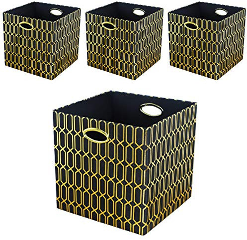 Posprica Storage Bins, Storage Cubes,13×13 Fabric Drawers Organizer Basket Boxes Containers (13×13×13/4pcs, Black/gold geometry Pattern)