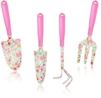 Ensemble d'outils de Jardin Floral Rose, Comprend Une Poignée Ergonomique Pelle, Truelle, Fourche, Râteau pour Cadeaux de Jardinage pour Jardinier, Femmes