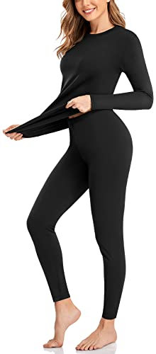 SIMIYA Women Thermal Underwear Set Base Layer Long Sleeve Top Ultra Soft Long Johns Fleece Lined Thermals Leggings for Winter Workout(1pc Black,L)