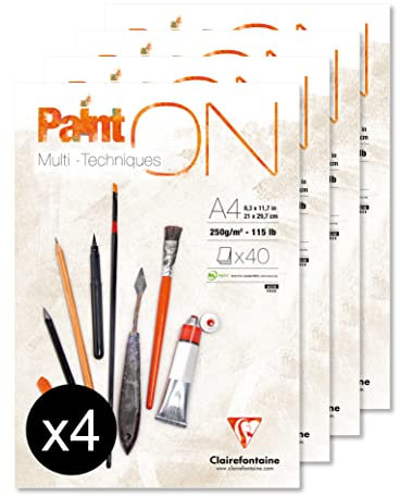 Clairefontaine 96537Cpack - Bloc Collé PaintON Multi-techniques - 40 Feuilles Papier Dessin Multi-techniques au Grain Très Léger - Blanc - A4 21x29,7 cm 250g - Paquet de 4 Blocs