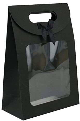 Emartbuy Starke Papiertüte zum Aufstellen von Geschenktüten, 20 cm x 14 cm x 7 cm, schwarze Krafttüte mit transparentem Fenster und Schleife - 12 Stück
