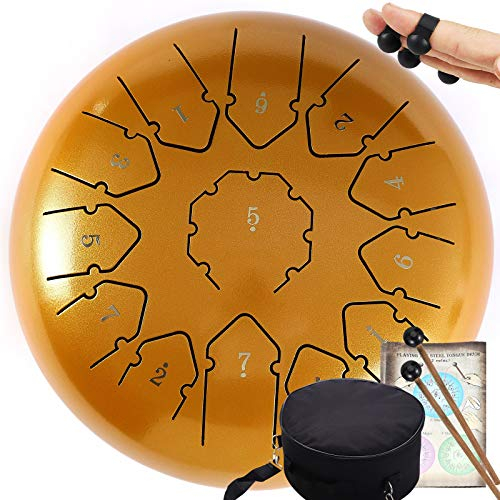 Generic Tongue Drum 12 Zoll 13 Noten Handpan Drum Percussion Instrument Steel Drums Instrumente mit Tasche, Musikbuch, Schlägel, Gold