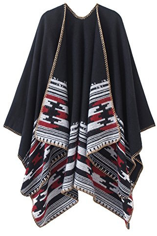 EXCHIC Damen Vintage Farbblocking Schal Wrap Open Front Poncho Übergroße Winterdecke Elegant Cape Coat (Schwarz-6, One Size)
