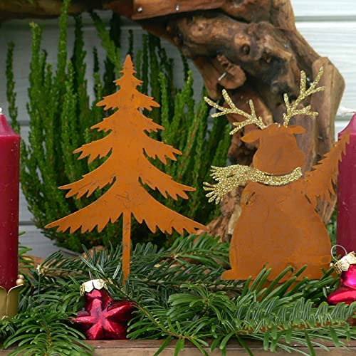 Storm's Gartenzaubereien Hirsch Deko - Elch mit Tannenbaum in Rostoptik zum Stecken für die Weihnachtsdeko