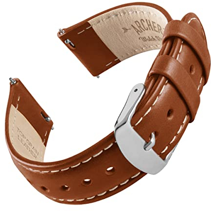 Archer Watch Straps - Uhrenarmbänder mit Schnellverschluss aus Hochwertigem Genarbtem Leder (Cognac/Naturweißes Garn, 20mm)
