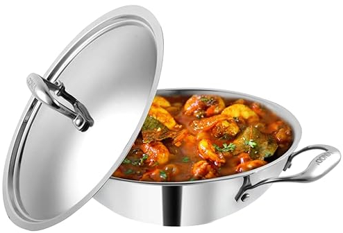 Vinod Platinum Triply Stainless Steel Wok Non Stick Frying Pan with Lid Gas Stove & Inductin Compitable Kadai, 22CM - 1.8L