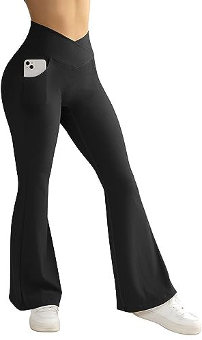 RXRXCOCO Damen Gerippte Cross Waisted Schlaghose Yoga Hose Flared Leggings Bootcut Hose mit Taschen Lang Sporthose Laufhose Schwarz XL