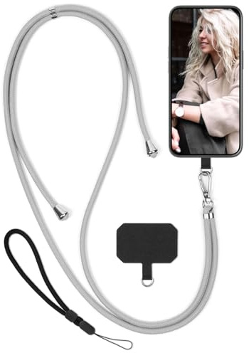 moex Unleash für Google Pixel 8 Pro Handyband zum Umhängen ohne Hülle, Handykette Universal mit Karabiner, Handy Band abnehmbar, Kette mit Pad für Handyhülle, Taupe, Silber