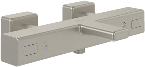 Villeroy & Boch Universal Taps & Fittings Badewannenthermostat, Badewannenarmatur mit Verbrühschutz und Sicherheitssperre bei 38°, Mischbatterie Badewanne Aufputz, eckig, Brushed Nickel Matt
