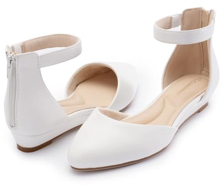 Cusolemore Damen Flache Schuhe Ballerinas mit Knöchelriemen, niedrige Keilabsatz Flats Spitze Zehe für Arbeit, Hochzeit Weiß 40.5