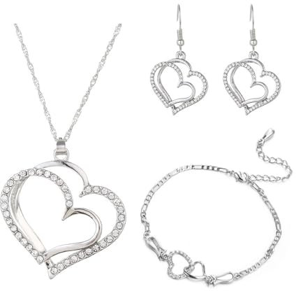 BKEPDY 3 Stück Herz Schmuckset Damen Halskette Armband Ohrringe Kristall Herzanhänger Schmuck Damenset Glänzend Silber Hochwertig Elegant