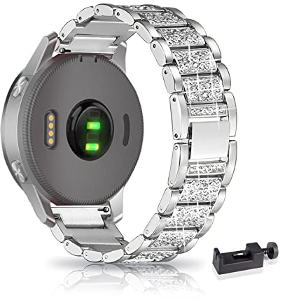 LXURY Bling - Braccialetti in metallo compatibili con Garmin Vivoactive 4S, 18 mm, con diamanti scintillanti (argento)