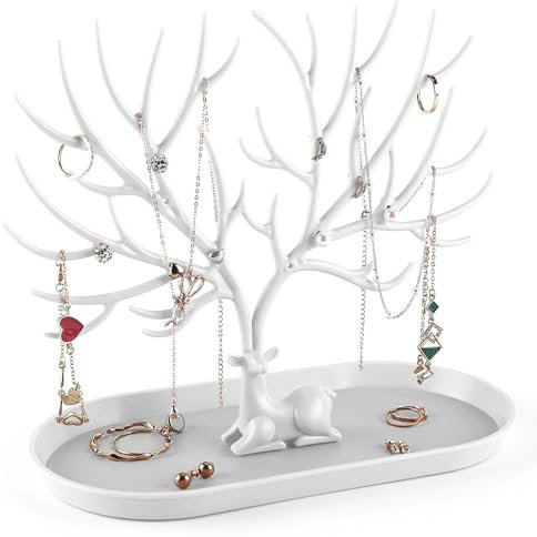 Antler Jewellery Organiser Stand, Tree Tower Rack Hanging Organizer, Earring Ring Display Jewelry Organizer Deer Antler Tree Design for Home Decor Decoration Gift Girls Birthday Gifts White
