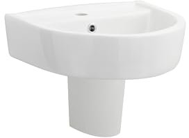Balterley 420mm Bathroom Sink, Semi Pedestal Ceramic Round Bowl Bathroom Wash Basin Sink with Overflow, 1 Tap Hole, Wall Mounted Basin Sinks for Cloakroom - 420 x 380 x 450mm (White)