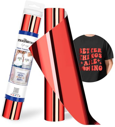 TECKWRAP PU Metallic Heat Transfer Vinyl Roll 12 x 5ft Chrome HTV for DIY Clothing,T-Shirts,Fabric Foil Iron on Vinyl Compatible with Heat Press Craft Cutters, Red