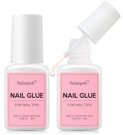 Sularpek 2Pcs Colle Faux Ongles, 8ml Colle à Ongles Extra Forte avec Brosse, Séchage Rapide Professionnel Colles pour Ongles Acrylique pour Faux Ongles Collés, Répare les Ongles Cassés