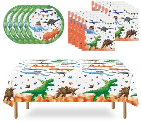 WERNNSAI Watercolor Dinosaur Party Supplies - Dinosaur Party Plates Napkins and Tablecloth for Boys Dino Birthday Party Decorations Dessert Plates Napkins Dino Table Cover Serves 16 Guests