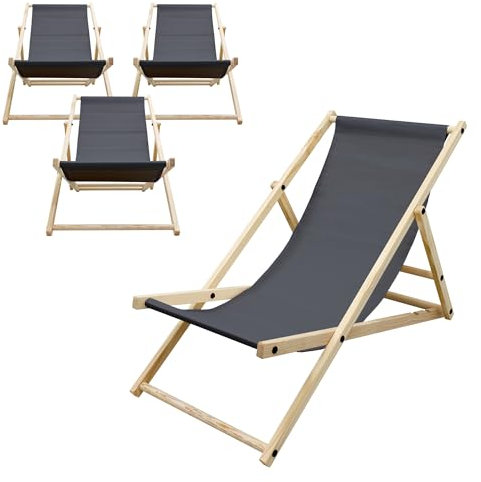 ECD Germany 4er Set Liegestuhl klappbar, Anthrazit, Holz, verstellbare Rückenlehne, 3 Positionen, bis 120kg, Sonnenliege Gartenliege Strandliege Strandstuhl Holzklappstuhl, für Garten, Balkon & Strand
