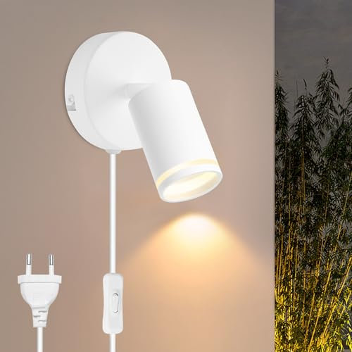BOYIR Wandleuchte mit Schalter und Stecker Weiß GU10 - Wandlampe Innen mit Schalter Schwenkbar 350° Vintage Lampe Wand für Schlafzimmer Wandstrahler Wohnzimmer Korridor Ohne Leuchtmittel