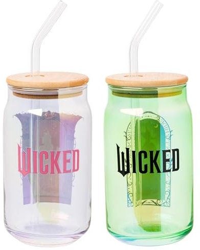 Silver Buffalo Wicked Featuring Elphaba and Glinda She's So Good and Don't Hide Your Magic 2 Pack Glass Jar Tumbler with Bamboo Lid and Glass Straw, 16 Ounces
