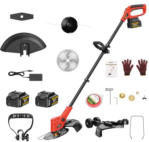 Conentool 1000W Bürstenlos Rasentrimmer mit Akku 2 × 4.0 Ah Batterie, Elektrischer Garten Trimmer, 24V Freischneider, Leichter Rasentrimmers, 90° Biegung, Ergonomisch, 3 Arten von Schneidklingen