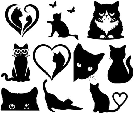 11 Cat Feline Pet Silhouette Cute Stickers - Waterproof Decals - Scrapbooking, Cars, Water Bottles, Laptops, Fun Gifts (Black, Extra Small Pack (5cm/2))
