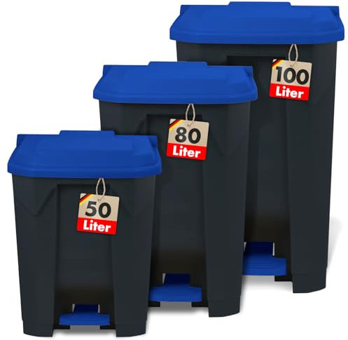 Floordirekt Mülleimer 80 Liter, blauer Deckel, Abfalleimer für Küche und Büro, Mülltrennsystem, Tretmülleimer mit Step-On-Mechanismus, Papierkorb, Mülltonne Olaf