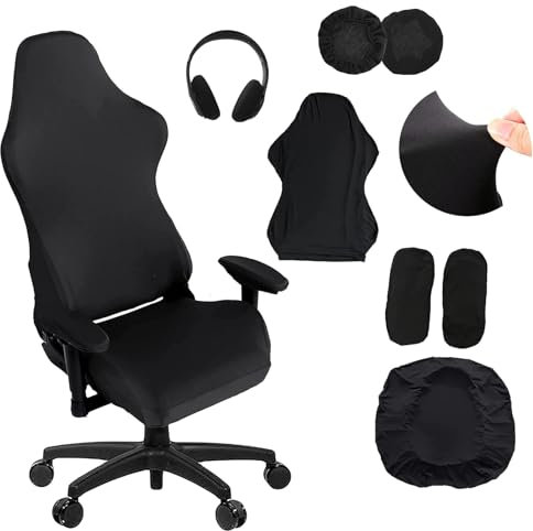 Gaming Stuhl Bezug,6 Stück Mit Kopfhörerabdeckung MitArmlehnen Dehnbare Abnehmbar Waschbar für Computerstuhl Gamning-Stuhl Drehstuhl Sessel(Schwarze)