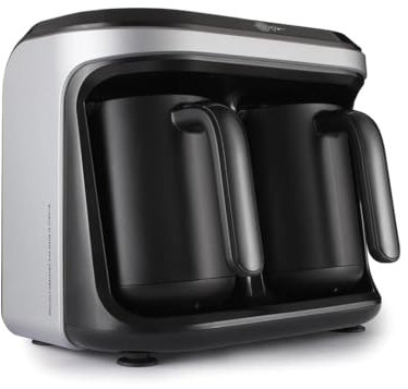 KARACA Hatır Hüps Duet Electric Turkish Coffee Machine for Traditional & Milk-Based Drinks, 10 Cup Capacity Turkish Coffee Maker, Brew 2 Different Beverages at Once, 1400W, Silver