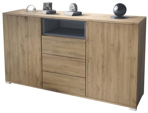 Vladon Skadu V2 Sideboard, Kommode mit 2 Türen, 3 Schubladen und 1 offenem Fach, Eiche Evoke/Grau Hochglanz (138,5 x 75,5 x 35 cm)