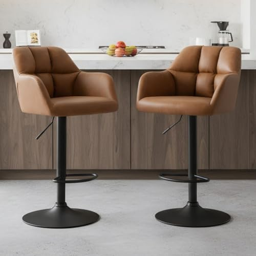 Ya-Home Barhocker 2er Set aus PU Leder Barstuhl mit Armlehne Thekenhocker höhenverstellbar Bistrohocker drehbar Tresenhocker mit Fußstütze für Hausbar/Küche, Braun