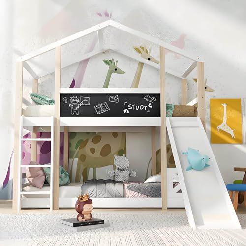 Etagenbett Kinderbett 90 x 200cm, Kinderbett Baumhaus mit Rutsche & Leiter, Hochbett Holzbett Jugendbett Hausbett Stockbett mit Rausfallschutz, Natur & Weiß, Ohne Matratze
