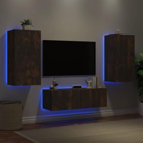 Qnhdfrt TV Schrank Wohnwand 3-TLG Holzwerkstoff Räuchereiche mit RGB LED Beleuchtung - Wandmontage TV Board für mehr Stauraum im Wohnzimmer