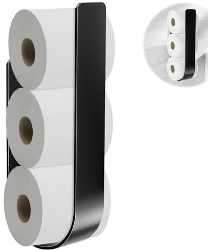 Wall Mounted Toilet Paper Holder without Drilling, Adhesive Toilet Roll Storage for 3 Rolls, Free Standing Metal Toilet Paper Stand, Self Sdhesive Spare loo Roll Rack for Bathroom (Black)