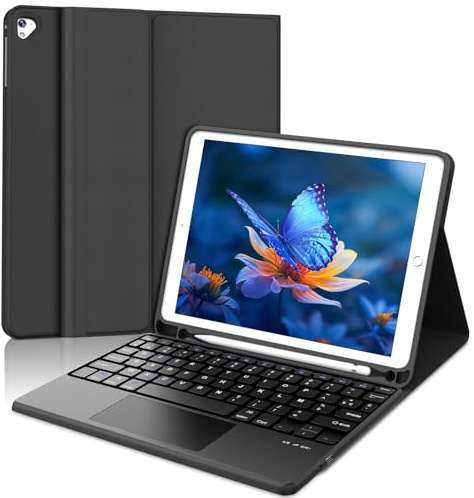 Coque Clavier pour iPad 6e/5e Génération 9.7 Pouces, AZERTY Français Housse Clavier Bluetooth Détachable avec Pavé Tactile et Porte Crayon pour iPad 2018/2017 9.7, Air 2/1, Pro 9.7 2016, Noir