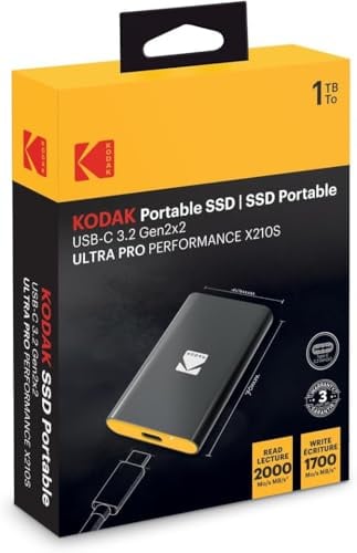 Kodak - SSD Externe Portable X210S - Aluminium - USB 3.2 Gen2x2 - Compatible PC Mac PS5 Xbox - 1TB - Léger - Câble USB-C Inclus - pour Gaming et Travail