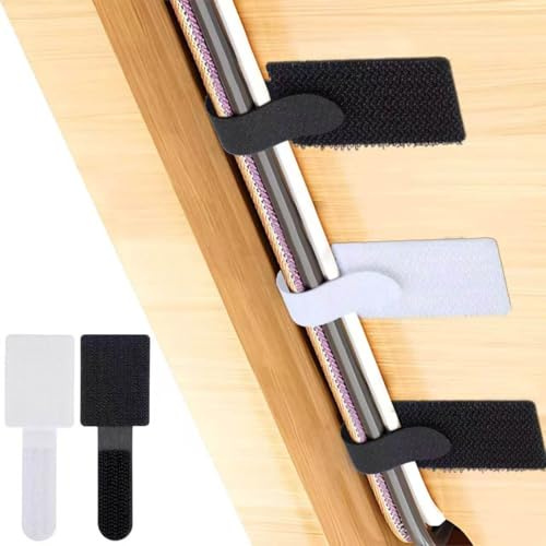 60 PCS Under Desk Self Adhesive Cable Tidy Clips Straps, Cable Management Under Desk,Adjustable Hook and Loop Cable Ties Reusable Cord Holder for Wires Desktop Home and Office (Black & White)