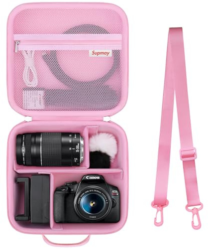 Supmay Hard Reisekoffer für Canon EOS 2000D / R100 / R50 / 250D / R10 / 4000D / 1100D / M50 Mark II Spiegelreflexkamera, Objektiv, Stativ mit 3 Teilen Divider und Schultergurt, Rosa