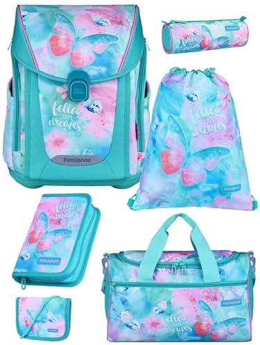 Familando - Premium Schulranzen Set - 6-teilig mit Sporttasche - Butterfly (Schmetterlinge) - Ergonomisch, stabil & mit gepolstertem Rücken - 1000g - 20L Volumen - Mit Reflektoren - ab 1. Klasse