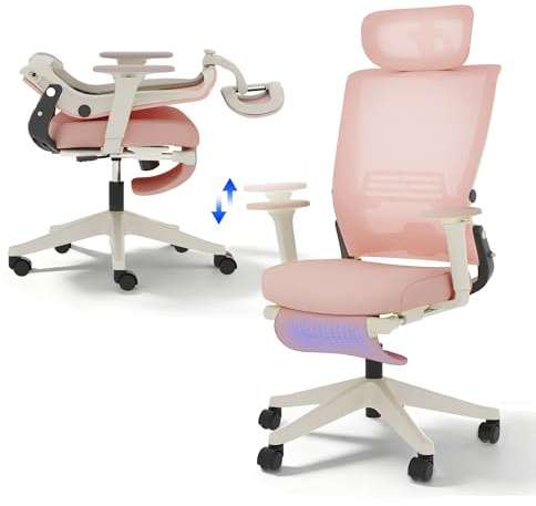 FLEXISPOT Ergonomischer Bürostuhl, Foldex, klappbarer Bürostuhl für Kleine Räume mit Lendenwirbelstütze, Höhenverstellbaren Armlehnen, 2D Kopfstütze, Schreibtischstühle mit Fußstütze Rosa