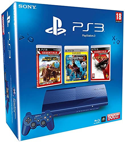 Console PS3 500 Go bleue + Motor Storm : Pacific Rift - essentials + Uncharted 2 : among thieves - platinum + God of War 3 - essentials