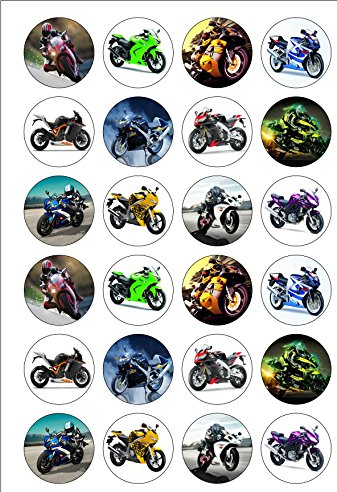 24 PRE CUT Motorbike Themed Edible Wafer Paper Round Cake Toppers Decorations