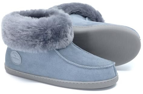 Vanuba Peppin Handmade Damen Hausschuhe, Naturleder, 100% Schafwolle, Warme und Bequeme Hausschuhe, Leder Grau/Grau, 39 EU