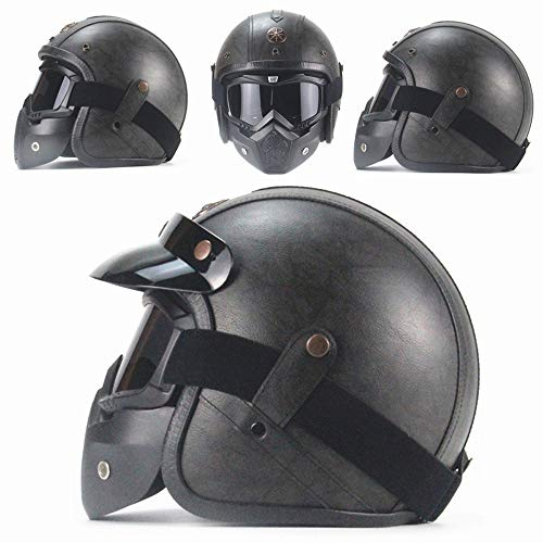 MRDEER Retro Motorradhelm Vintage Handgemachtes PU-Leder Integralhelm Helm Unisex Full-face Scooter-Helm Roller Sturz-Helm mit Visier, Maske, Brille(M,L,XL,XXL),Gray,L